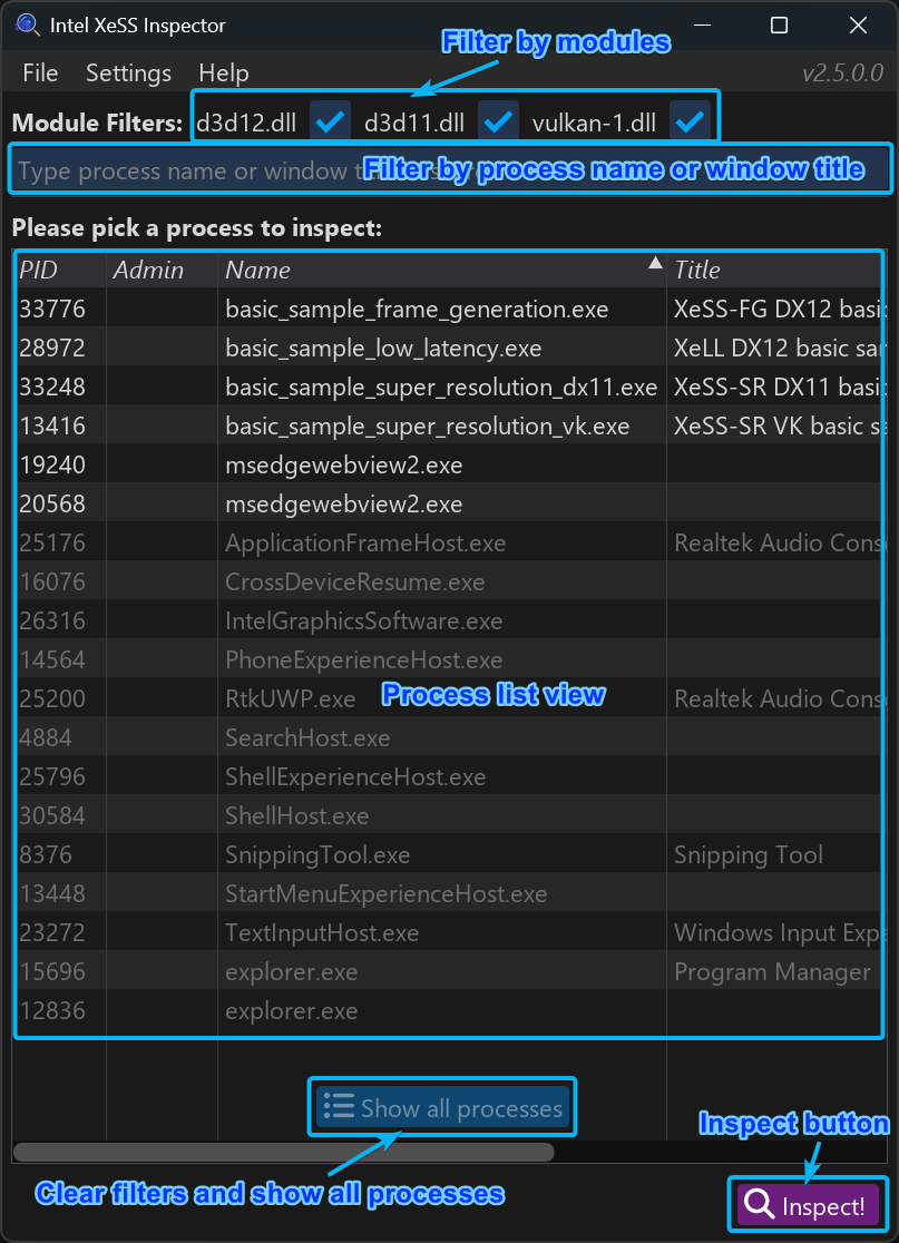 xess inspector start inspect