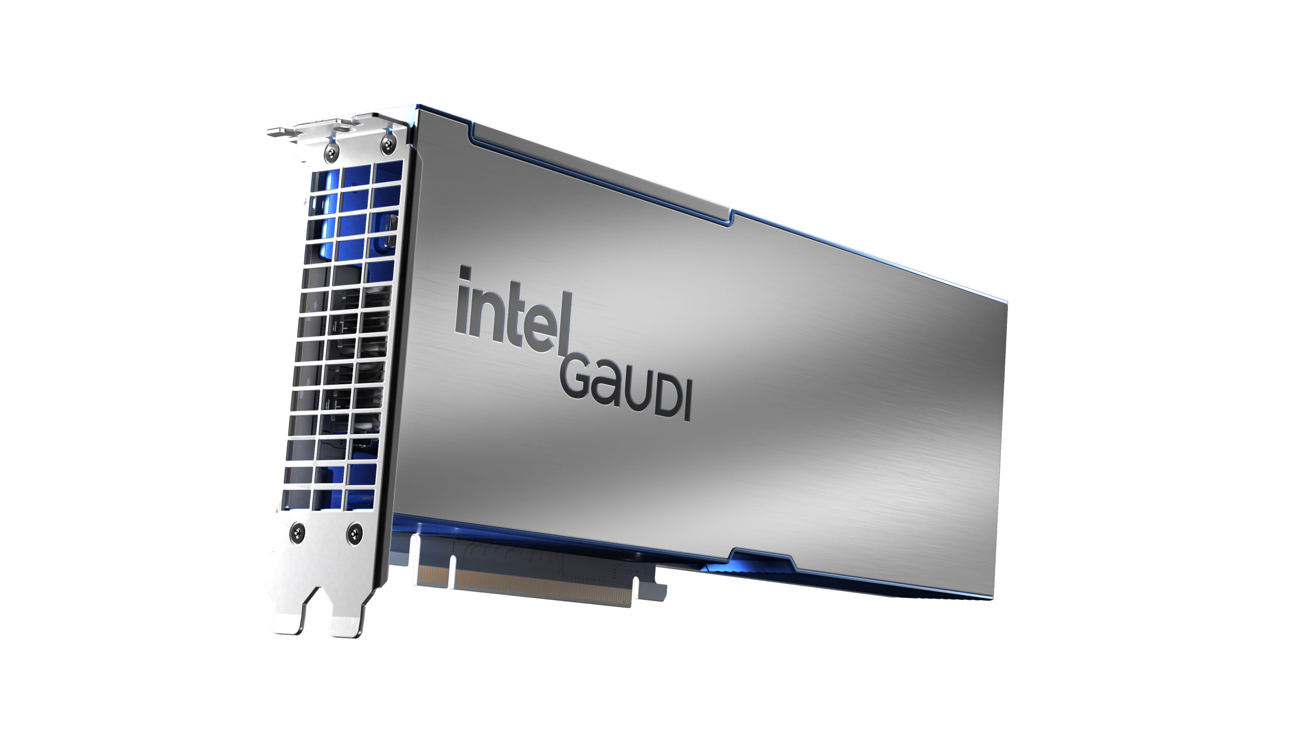 An Intel Gaudi 3 PCIe card with a brushed metal finish and the Intel Gaudi logo.