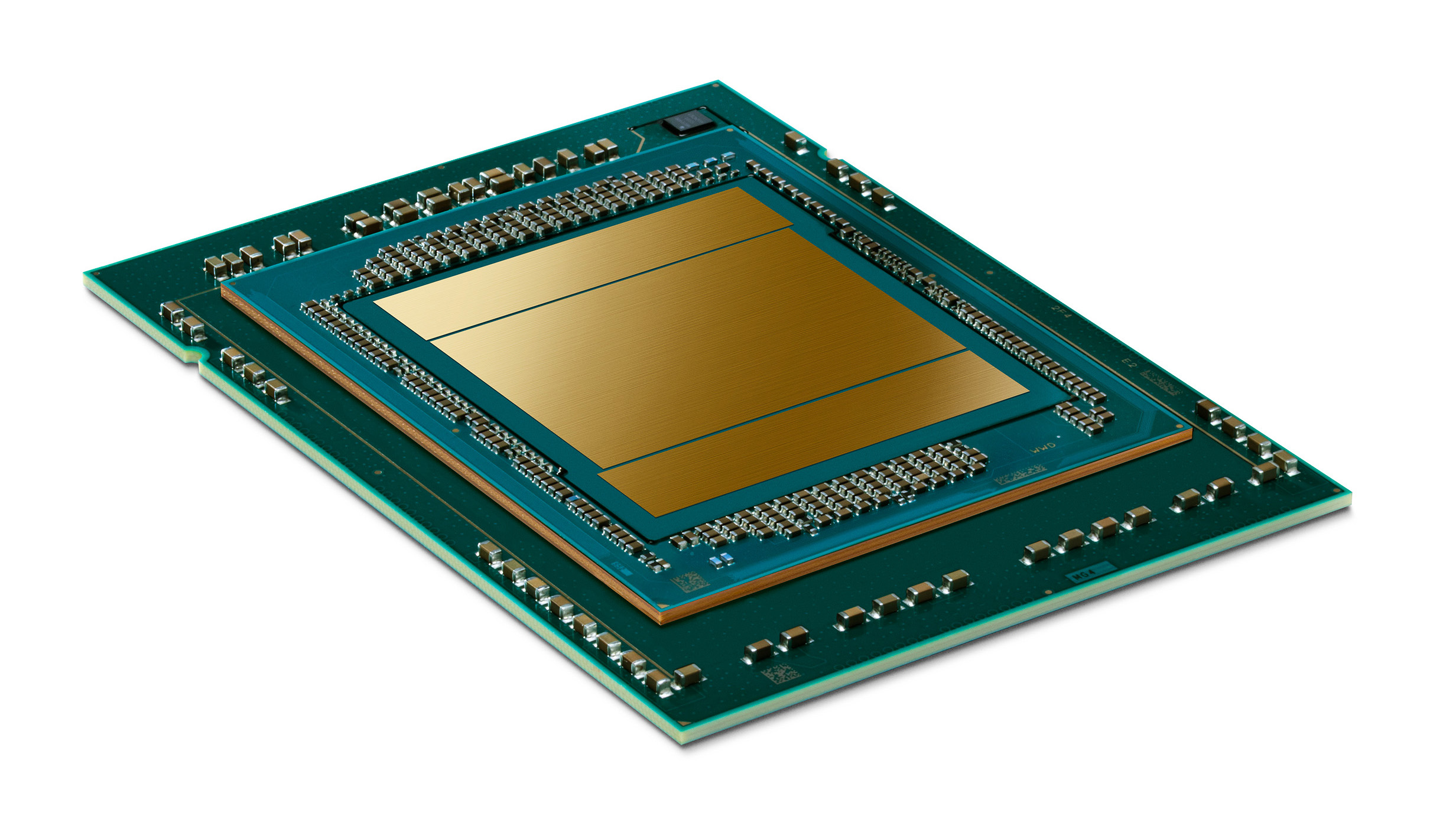 A close-up image of a computer processor or microchip with a rectangular gold-colored plate in the center, surrounded by a green circuit board. The chip has numerous small metal connectors along its edges.
