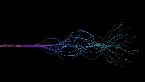 ai wave lines neural network pink, purple, blue and green light (darkened)