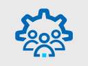 Blue icon of a gear behind three workers