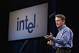 Intel's Pat Gelsinger, cq, Senior Vice President, General Manager, Digital Enterprise Group, informs attendees how Intel's latest technologies and innovations are being used to meet today's business demands and provide new levels of IT capabilities that enable a more productive workforce with a lower TCO during the Digital Enterprise keynote at the Fall Intel Developer Forum held at Moscone West on Wednesday, August 24, 2005 in San Francisco, Calif. (Photo by Intel Press Relations)