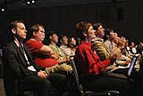 Attendees react to the Keynotes:Day Two, Digital Enterprise and The Digital Home keynotes at the Fall Intel Developer Forum held at Moscone West on Wednesday, August 24, 2005 in San Francisco, Calif. (Photo by Intel Press Relations)