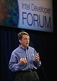 Intel's Pat Gelsinger, cq, Senior Vice President, General Manager, Digital Enterprise Group, informs attendees how Intel's latest technologies and innovations are being used to meet today's business demands and provide new levels of IT capabilities that enable a more productive workforce with a lower TCO during the Digital Enterprise keynote at the Fall Intel Developer Forum held at Moscone West on Wednesday, August 24, 2005 in San Francisco, Calif. (Photo by Intel Press Relations)