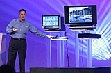 Donald J. MacDonald, Intel's Vice President, General Manager Digital Home Group, shows IDF attendees some of the new home entertainment products using Intel technology during his keynote held at the Intel Developer Forum in San Francisco, Calif., on Wednesday, August 24, 2005. (Intel Press Relations)