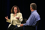 Genevieve Bell, Ph.D Intel's Director of Domestic Designs and Technologies Research (left) talks to Donald J. MacDonald, Intel's Vice President, General Manager Digital Home Group (right), about developing technology for the home during his keynote held at the Intel Developer Forum in San Francisco, Calif., on Wednesday, August 24, 2005. (Intel Press Relations)