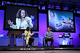 Genevieve Bell, Ph.D Intel's Director of Domestic Designs and Technologies Research (left) talks to Donald J. MacDonald, Intel's Vice President, General Manager Digital Home Group (right), about developing technology for the home during his keynote held at the Intel Developer Forum in San Francisco, Calif., on Wednesday, August 24, 2005. (Intel Press Relations)