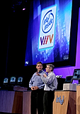 Donald J. MacDonald, (left) Intel's Vice President, General Manager Digital Home Group, talks to Intel® VIIV™ program manager Merlin Kister (right) about Intel's best consumer PC platform called Intel® VIIV™ during his keynote held at the Intel Developer Forum in San Francisco, Calif., on Wednesday, August 24, 2005. (Intel Press Relations)