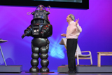 Justin Rattner, Intel Senior Fellow and Director of Intel's Corporate Technology Group, talks to Robby, the Robot from MGM’s classic sci-fi thriller “Forbidden Planet” during his keynote dealing with the future of computing and communications over the next decade held at the San Francisco, Moscone Center West on Thursday, August 25, 2005. (Intel Press Relations)
